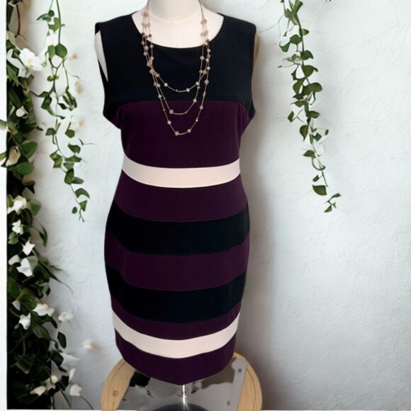 Tommy Hilfiger Elegant Black, Ivory and Deep Purple Striped Dress - Picture 2 of 11